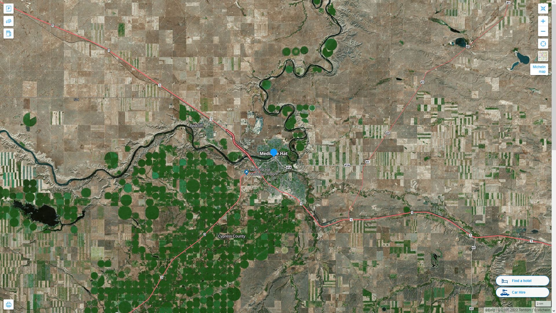 Medicine Hat Highway and Road Map with Satellite View